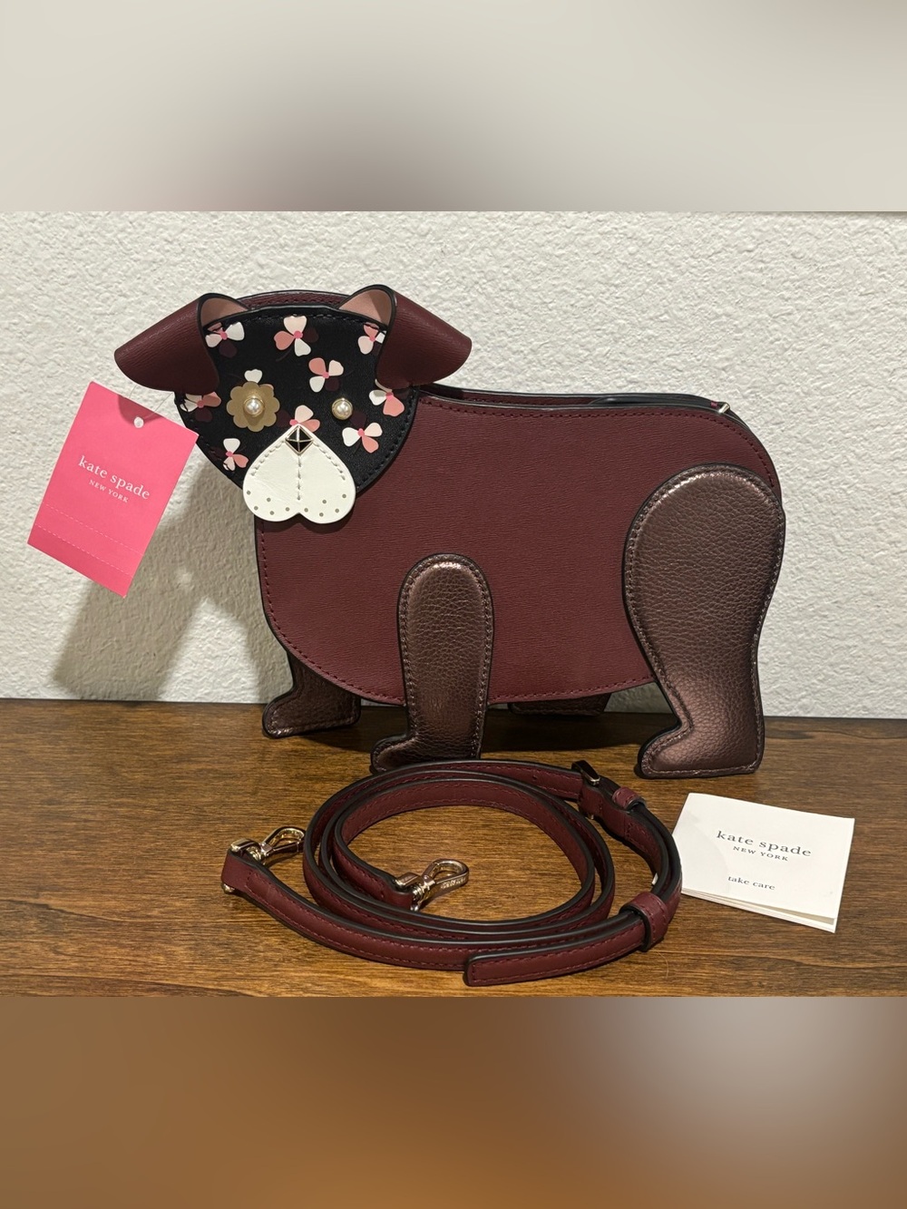 kate spade Burgundy and Brown Dog Crossbody Bag with Floral Face